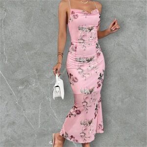 Floral print draped colar Mermaid‎ Dress